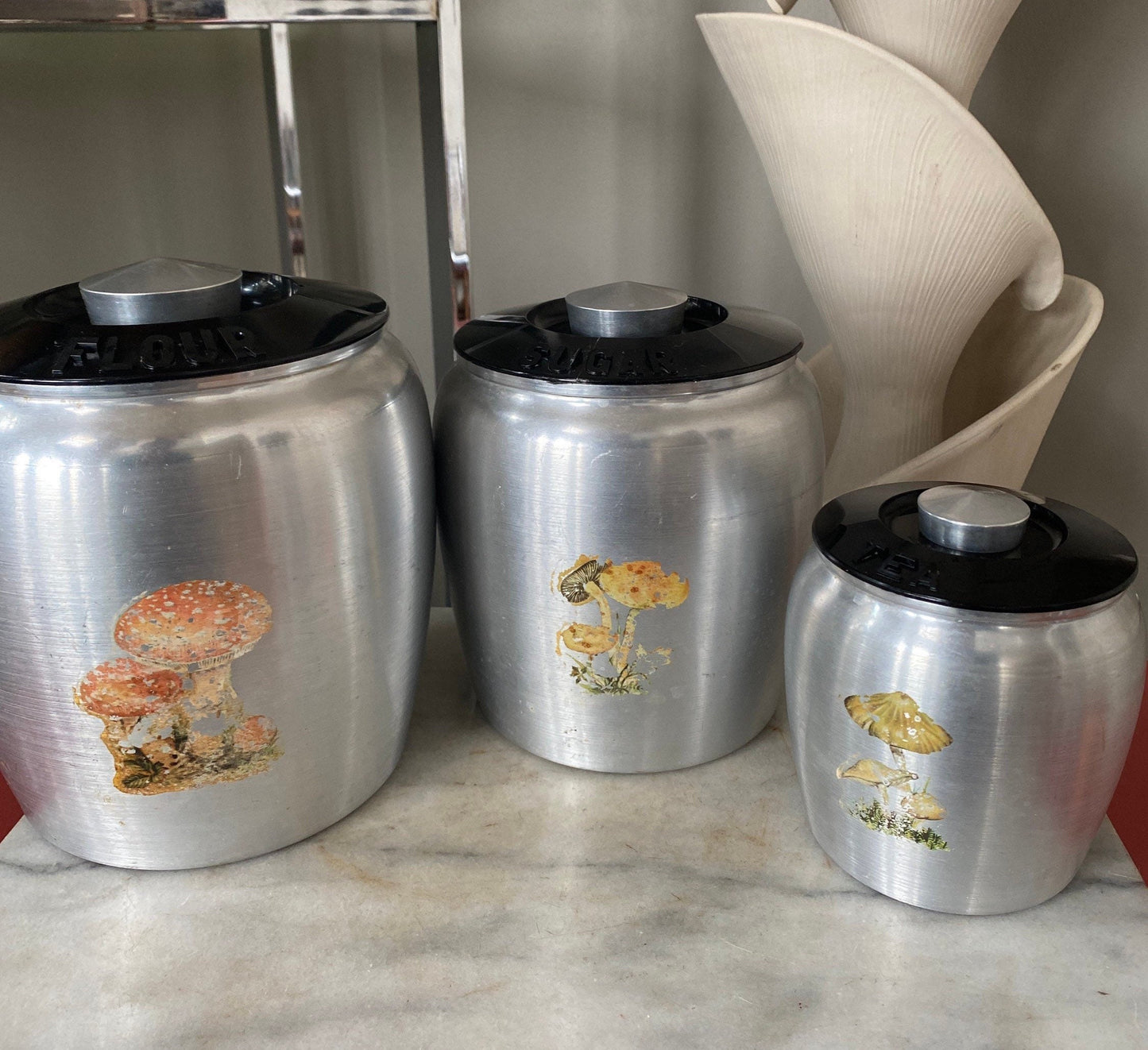 Vintage Kromex Canister Set | 1950s Brushed Aluminum Canister Set of 3 | Mushroom Morof | Flour, Sugar Coffee | Shabby Chic