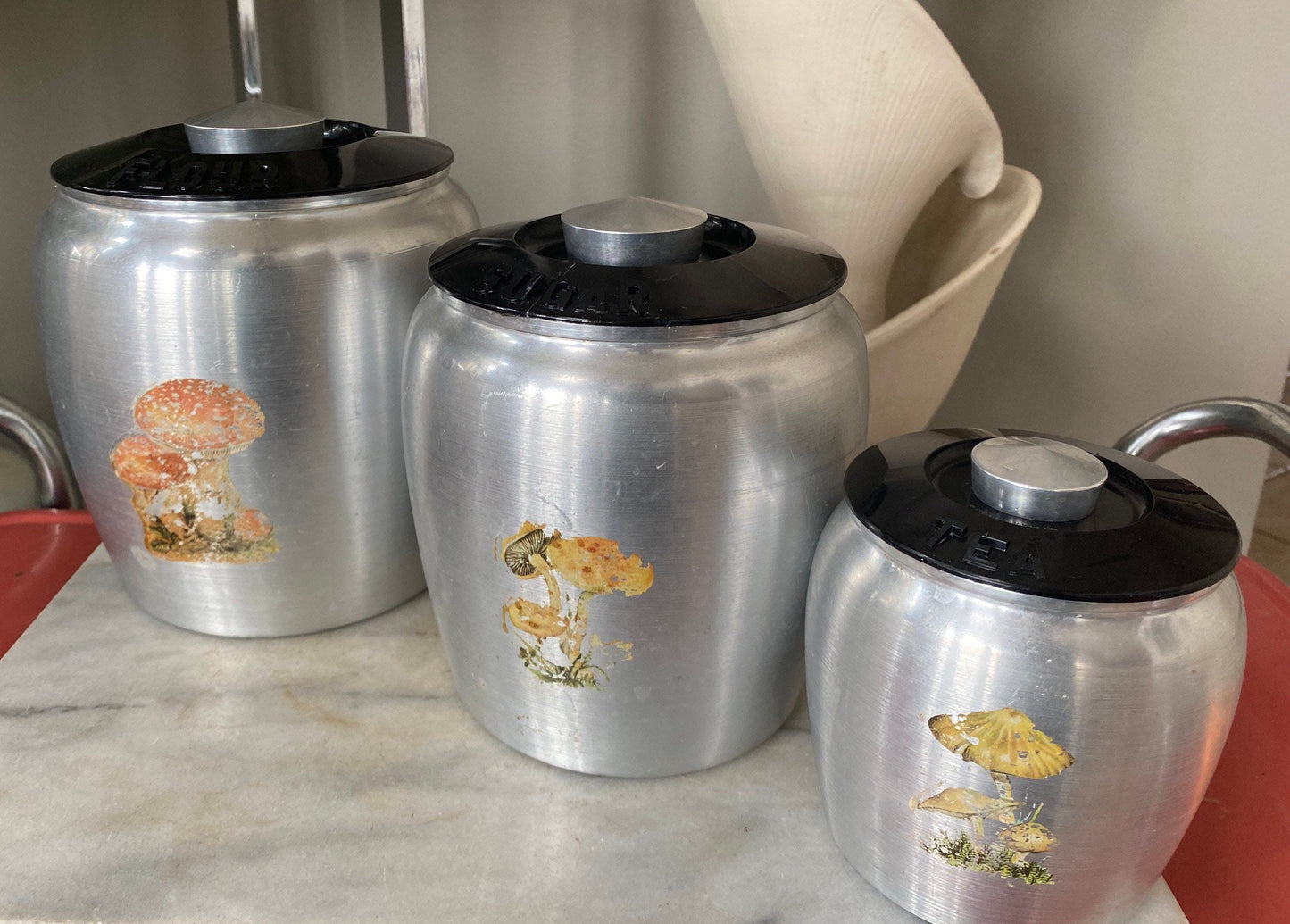 Vintage Kromex Canister Set | 1950s Brushed Aluminum Canister Set of 3 | Mushroom Morof | Flour, Sugar Coffee | Shabby Chic