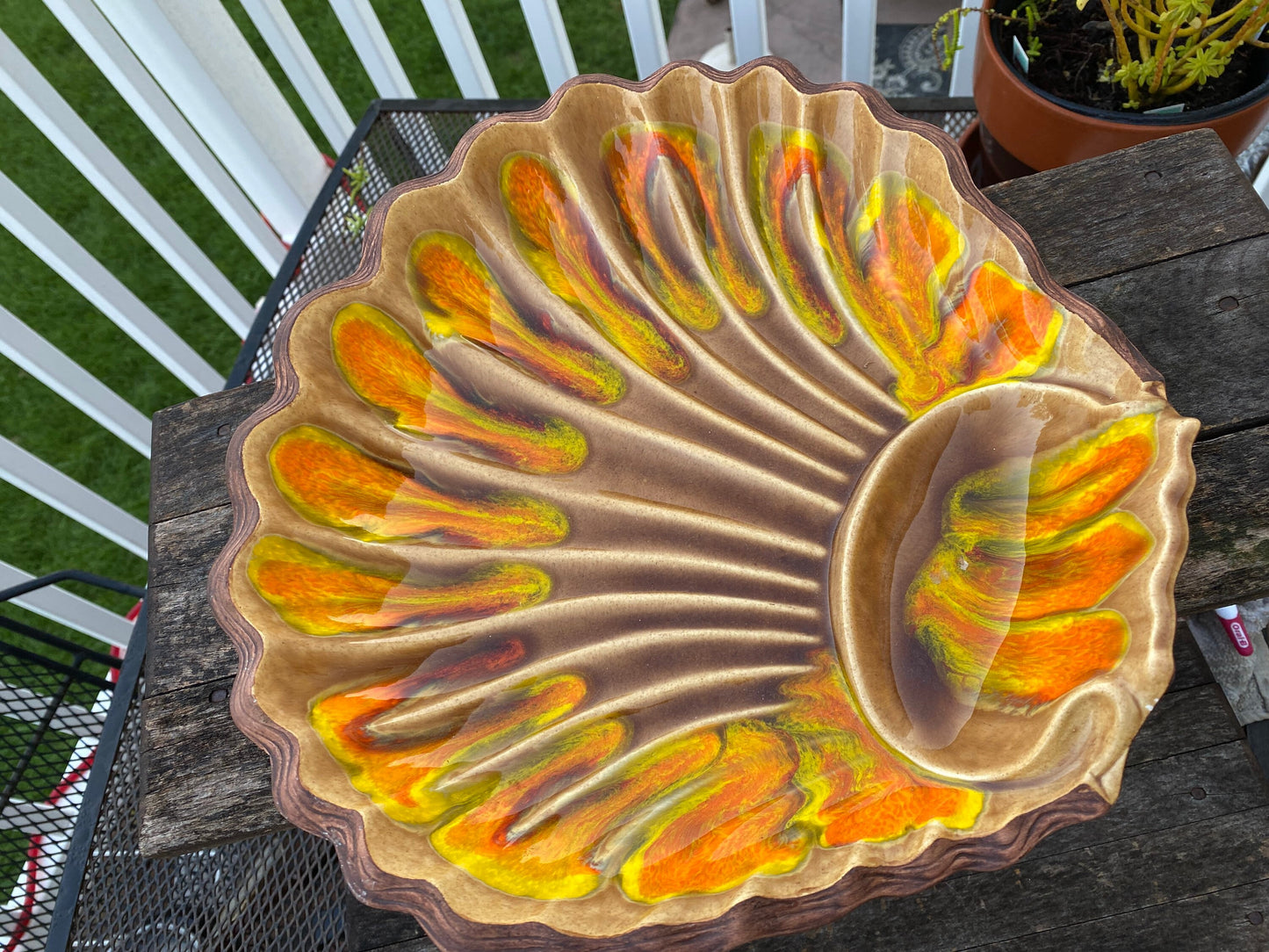 Vintage 1960 California Pottery Clam Shell Drip Glaze Bowl