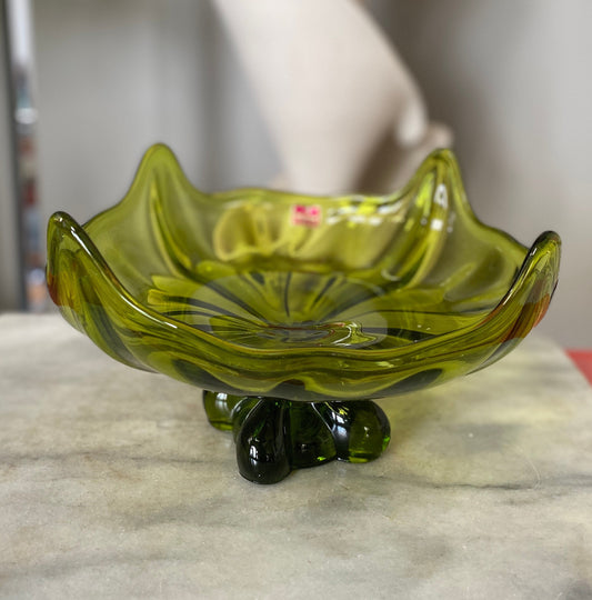 Vintage Viking Glass Co Green Footed Pedistal Centerpiece Compote | Viking “Cat Face” Pedestal Bowl