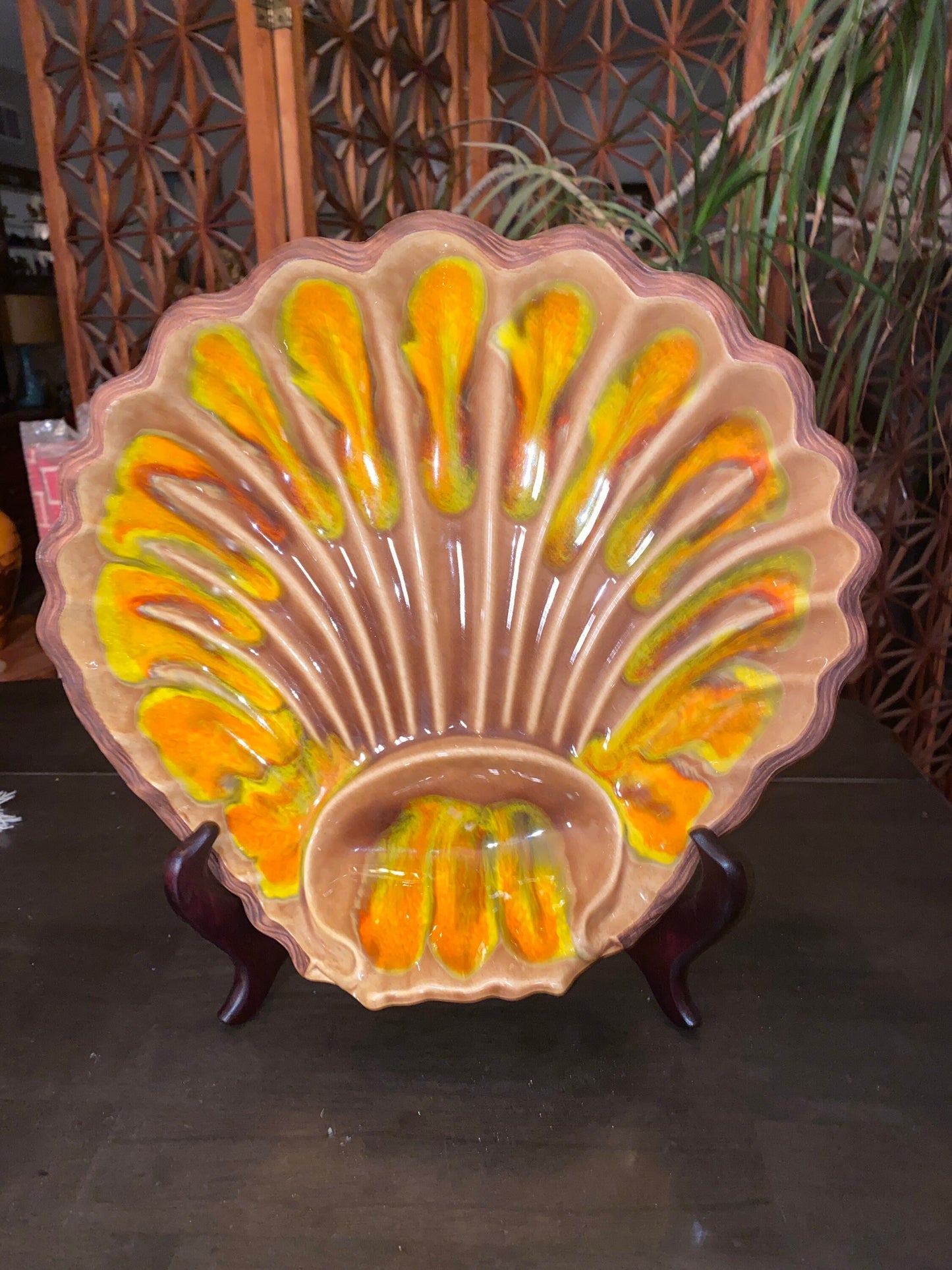 Vintage 1960 California Pottery Clam Shell Drip Glaze Bowl