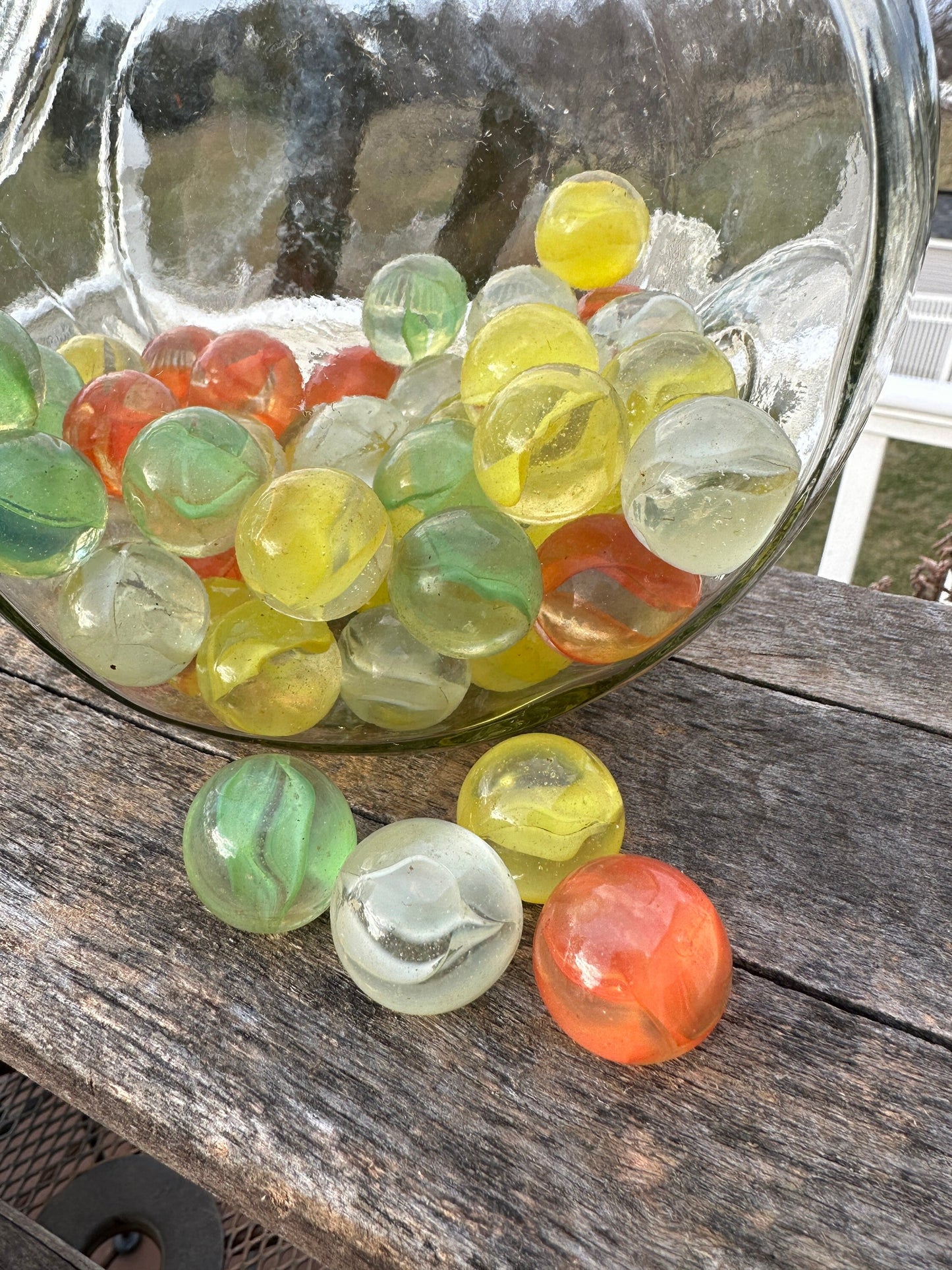 Vintage Set of Over 50 - 1” Large Cat Eye Yellow, Orange, Green, White / Shooter / 1 Large Shooter Marbles / Marbles In Candy Jar