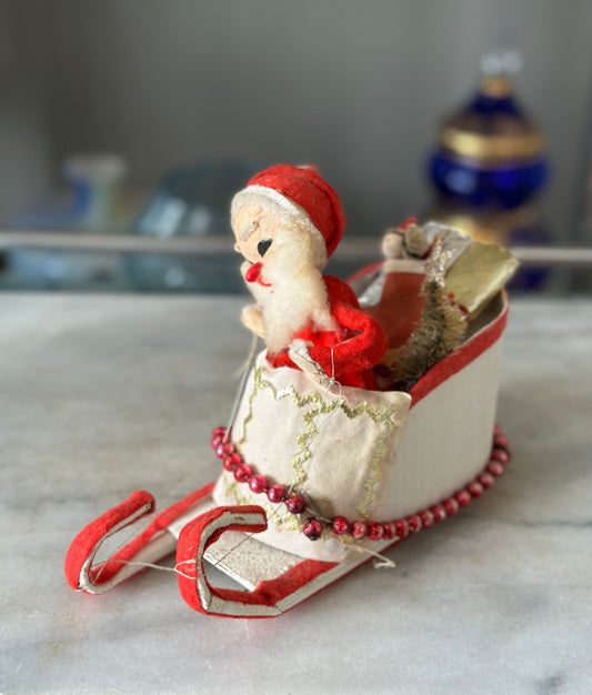 Kitschy Christmas | Vintage Felt and Cardboard Santa on Sleigh with Toys | Made in Japan