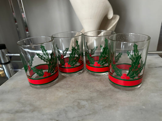 Libbey Holly & Berries Christmas Rock Glasses Tumblers set of 4