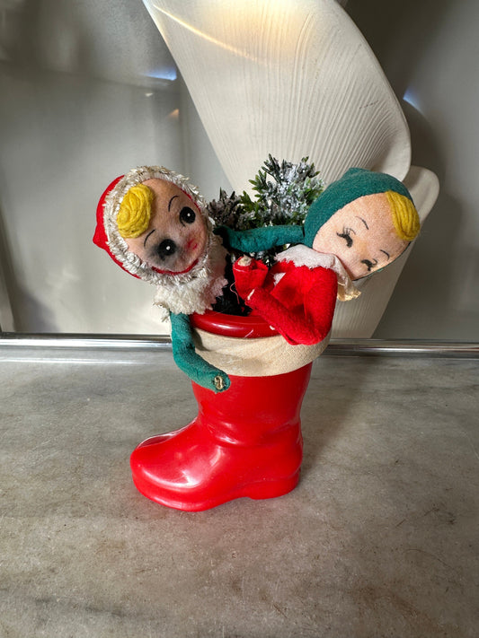 Kitschy Christmas! Vintage Rosbro Candy Boot with Two Felt Elf Figurines | Japan Elves in Plastic Candy Boot | Merry Kitschmas