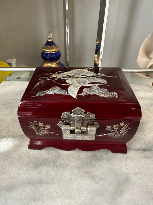 Jewelry Box Glazed Wood w Inlaid Faux Mother of Pearl Design 2 Tier Red Velvet Musical Jewelry Box