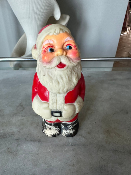 Kitschy Vintage Santa Claus, Jolly Squeeking  Santa, White  Mittens, Black Boots, Big Blue  Eyes, Holding Belly, Made in Hong Kong