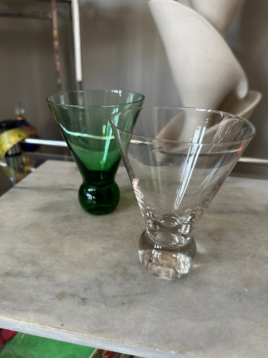 Vtg Heavy Ball Base Stemless Cosmo Cocktail Glasses  5 3/8” Barware | Set of 2 | One Clear and One Green