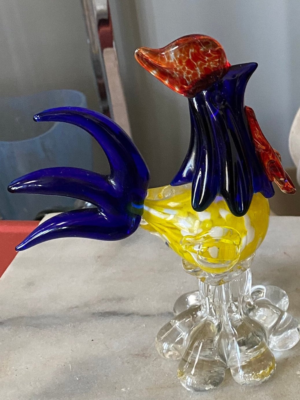 Vintage Murano Style Art Glass Rooster Blue, Red, Yellow & Orange |MCM Art Glass Rooster