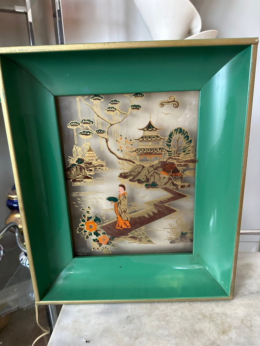 Vintage Midcentury Asian Chinoiserie light up framed wall art, Framed Products Co., New York, USA, 1960’s, working condition