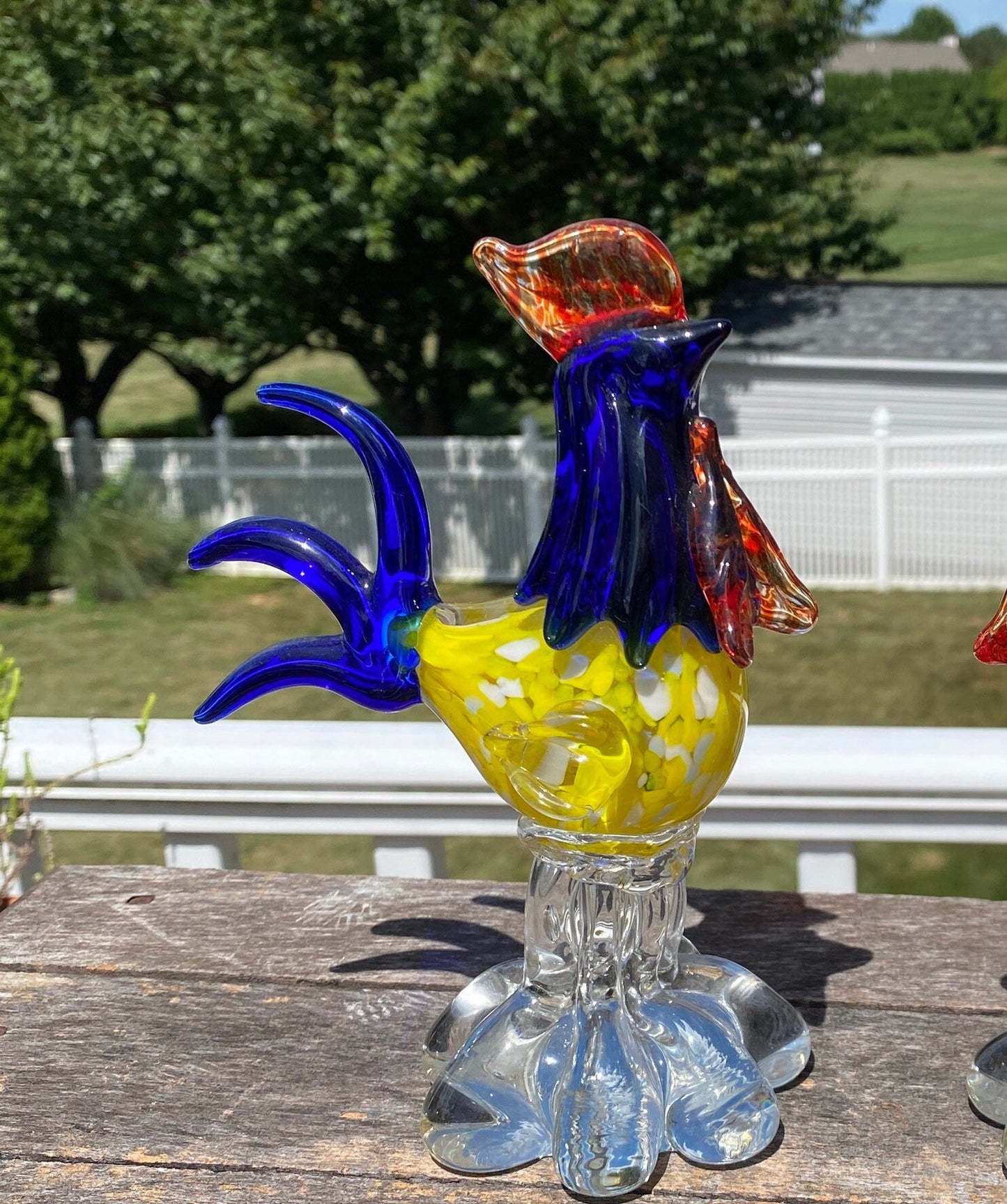 Vintage Murano Style Art Glass Rooster Blue, Red, Yellow & Orange |MCM Art Glass Rooster
