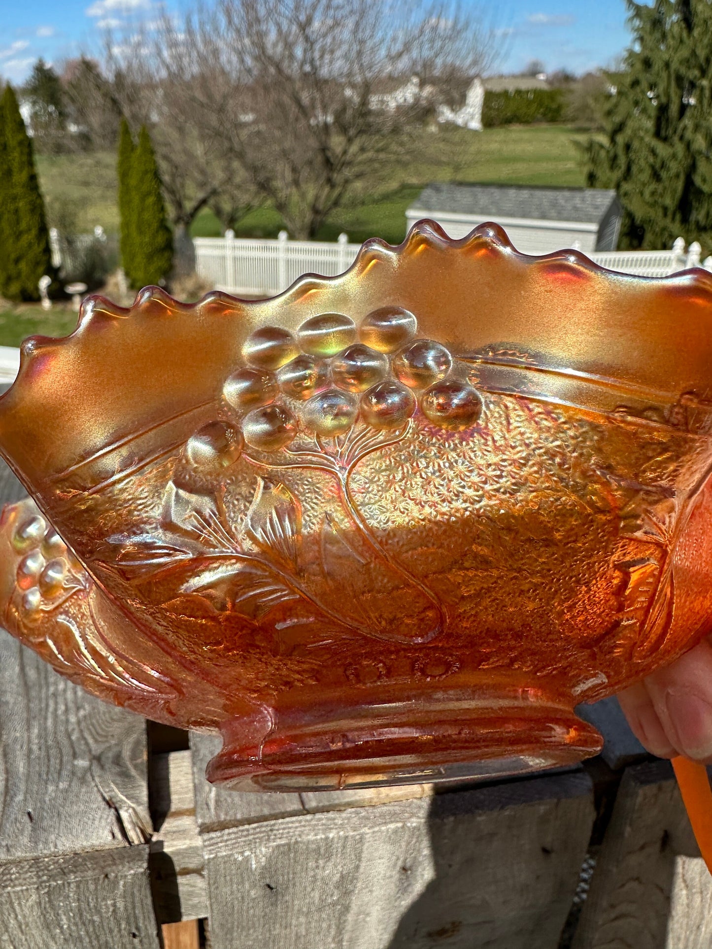 Fenton Carnival Glass Iridescent Marigold Orange Vintage Round Crimped / Fluted 7 in Bowl Dish – Foliage & Flowers on both sides