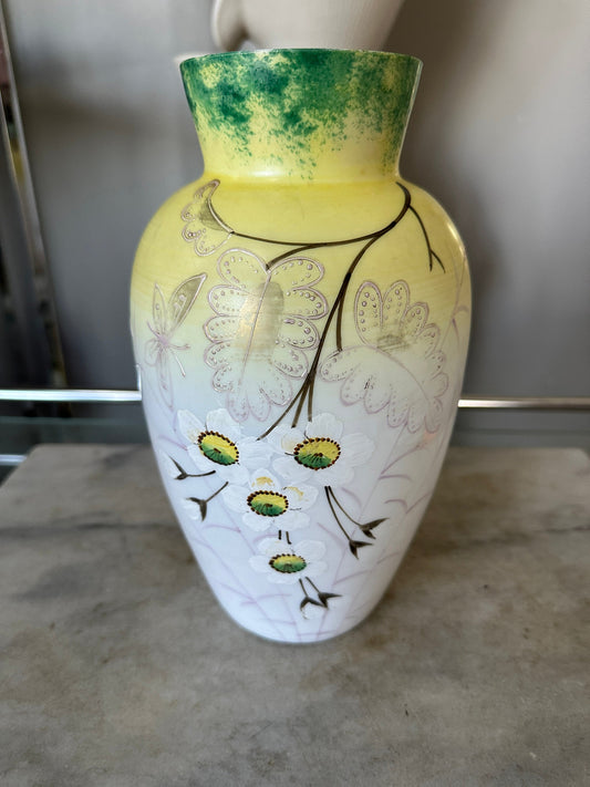 Vintage Yellow Vase | Hand Painted | White Glass | Whimsical Flower Motif