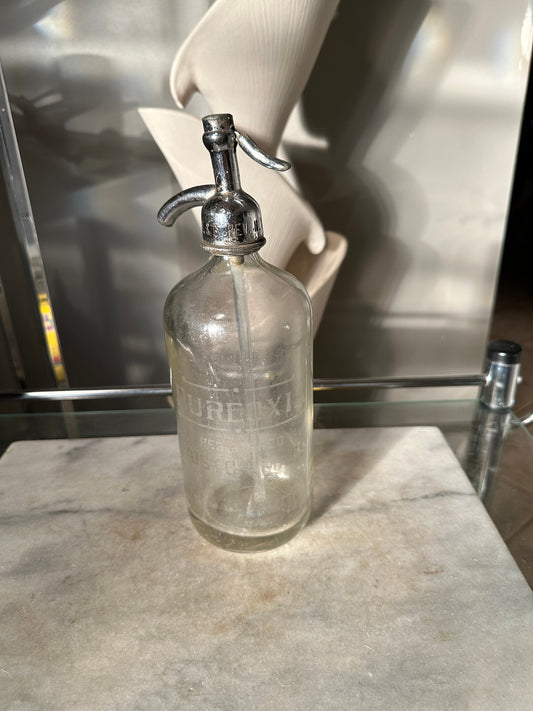 Antique Pureoxia Seltzer Bottle | Clear Bottle with Etched Lettering and Enraved Chrome Lid | Boston Mass