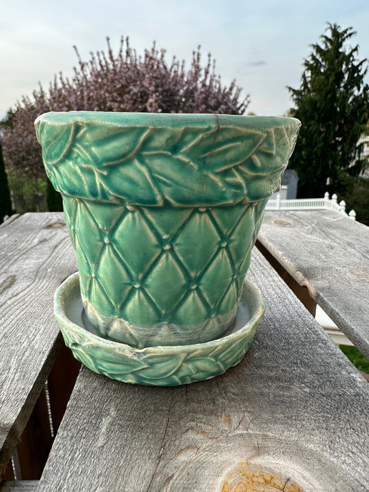 McCoy 1940s Green/Turquoise Diamond Quilt & Leaves Flower Pot Planter Attached Saucer