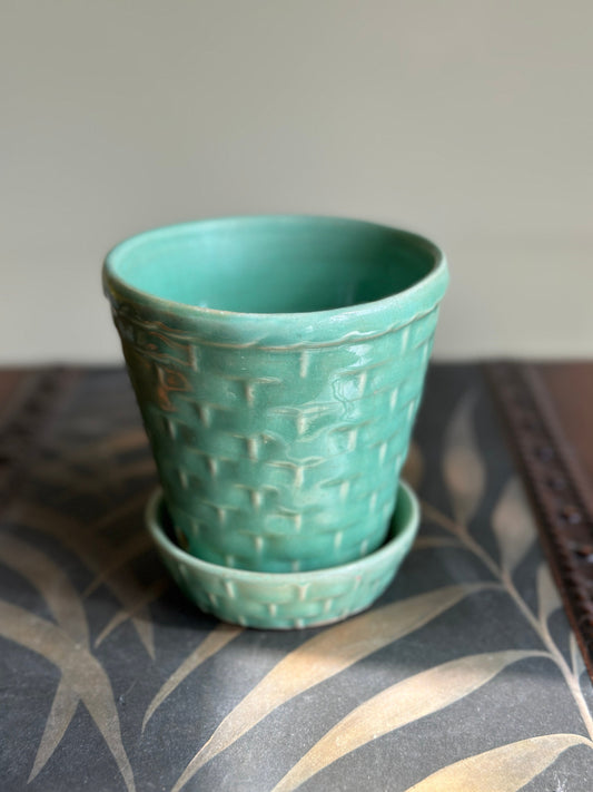 Vintage Morton Pottery Turquoise Blue Basket Weave