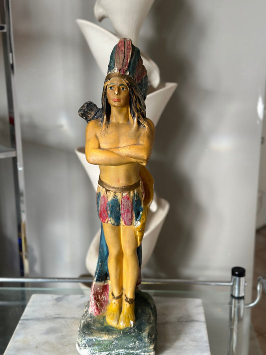 Vintage, Antique Native American Indian Chief with Headdress, Chalk ware / Plaster Statue circa 1930