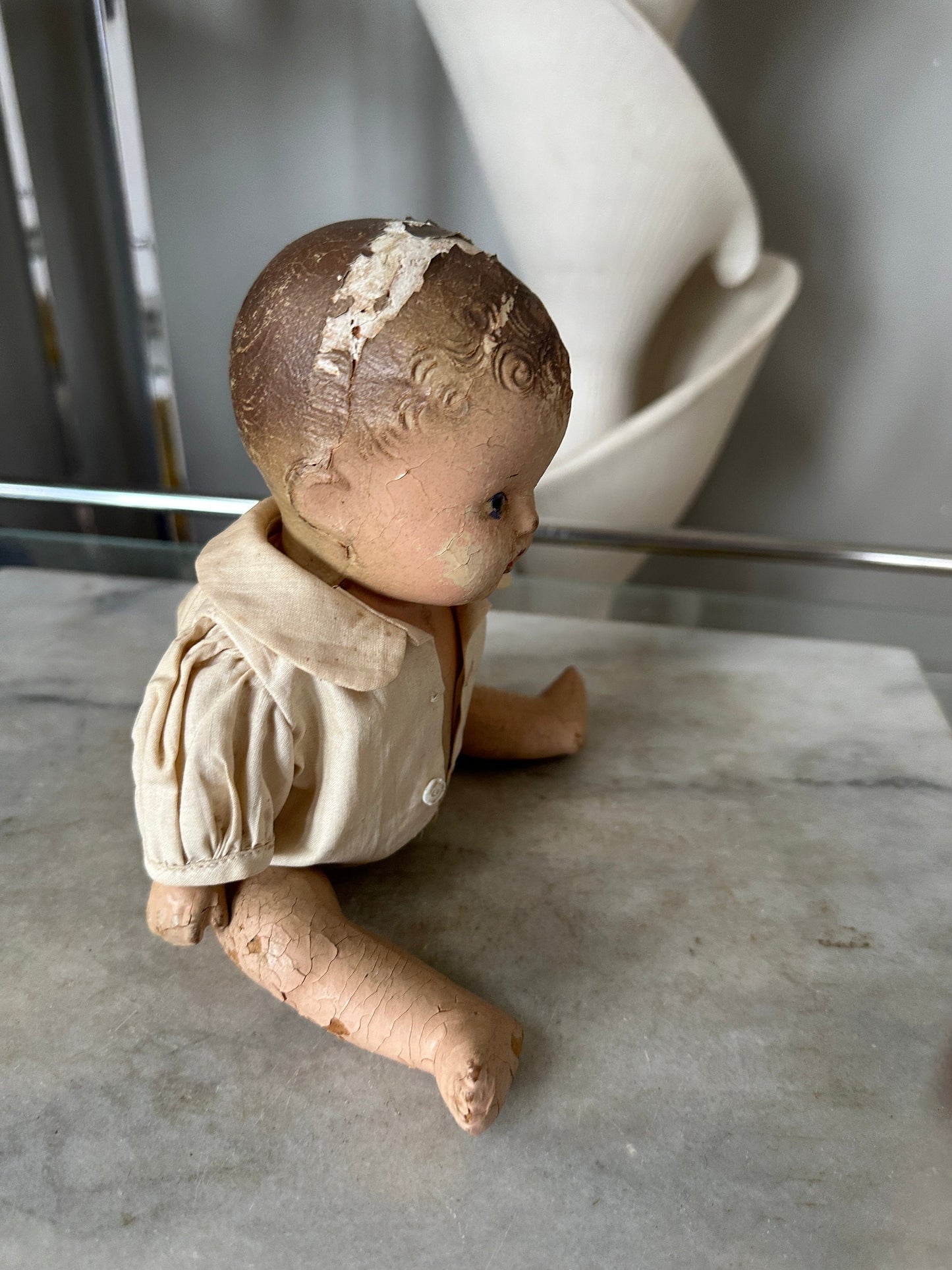 Antique Composition Baby Boy Doll Jointed arms and Legs 10” Tall