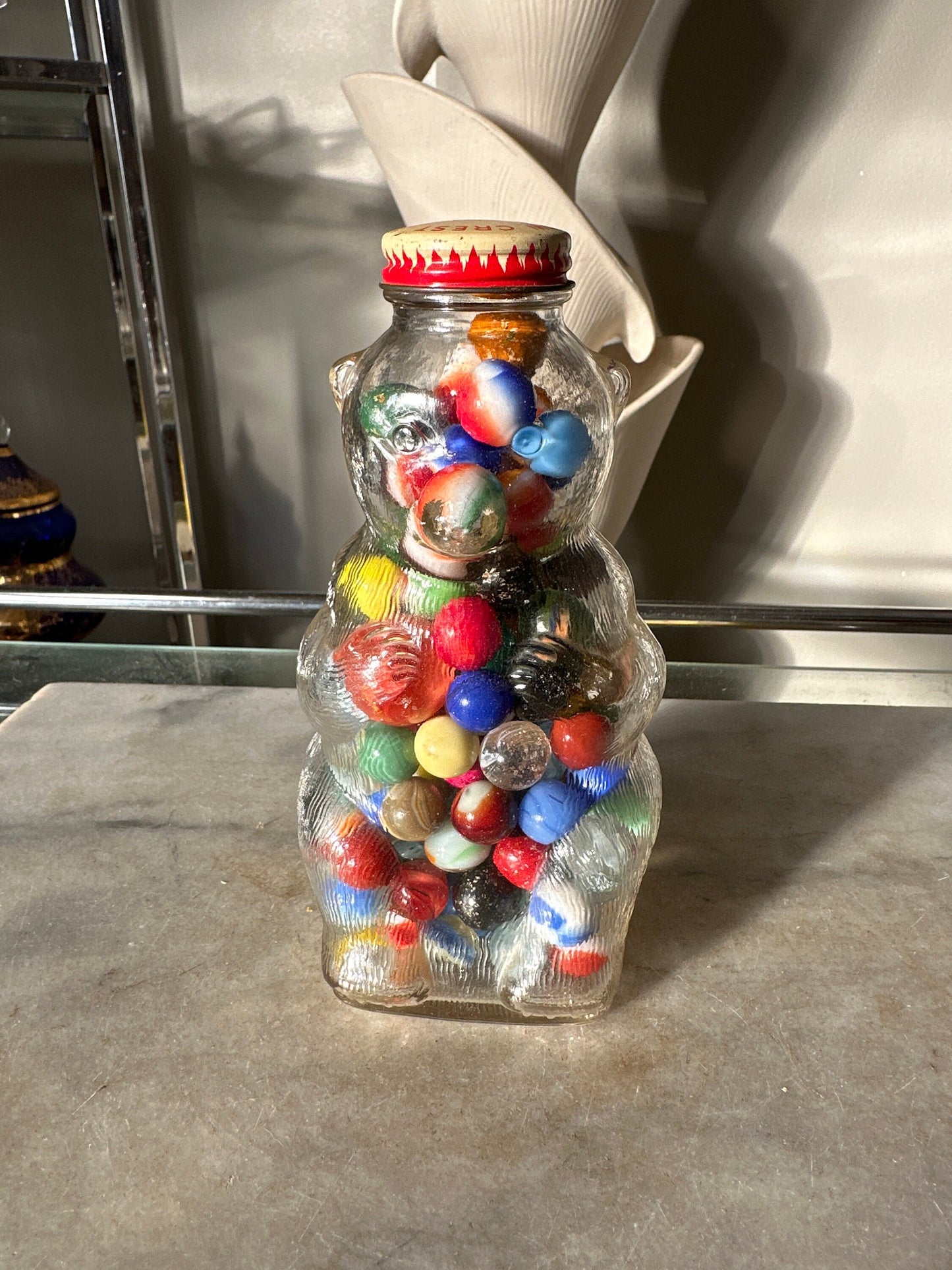 Vintage Snow Crest Glass Bear Bottle Bank filled with Vintage Marbles / Bottle Bank / Bear / Cat Eye Marbles Shooters