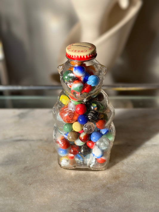 Vintage Snow Crest Glass Bear Bottle Bank filled with Vintage Marbles / Bottle Bank / Bear / Cat Eye Marbles Shooters