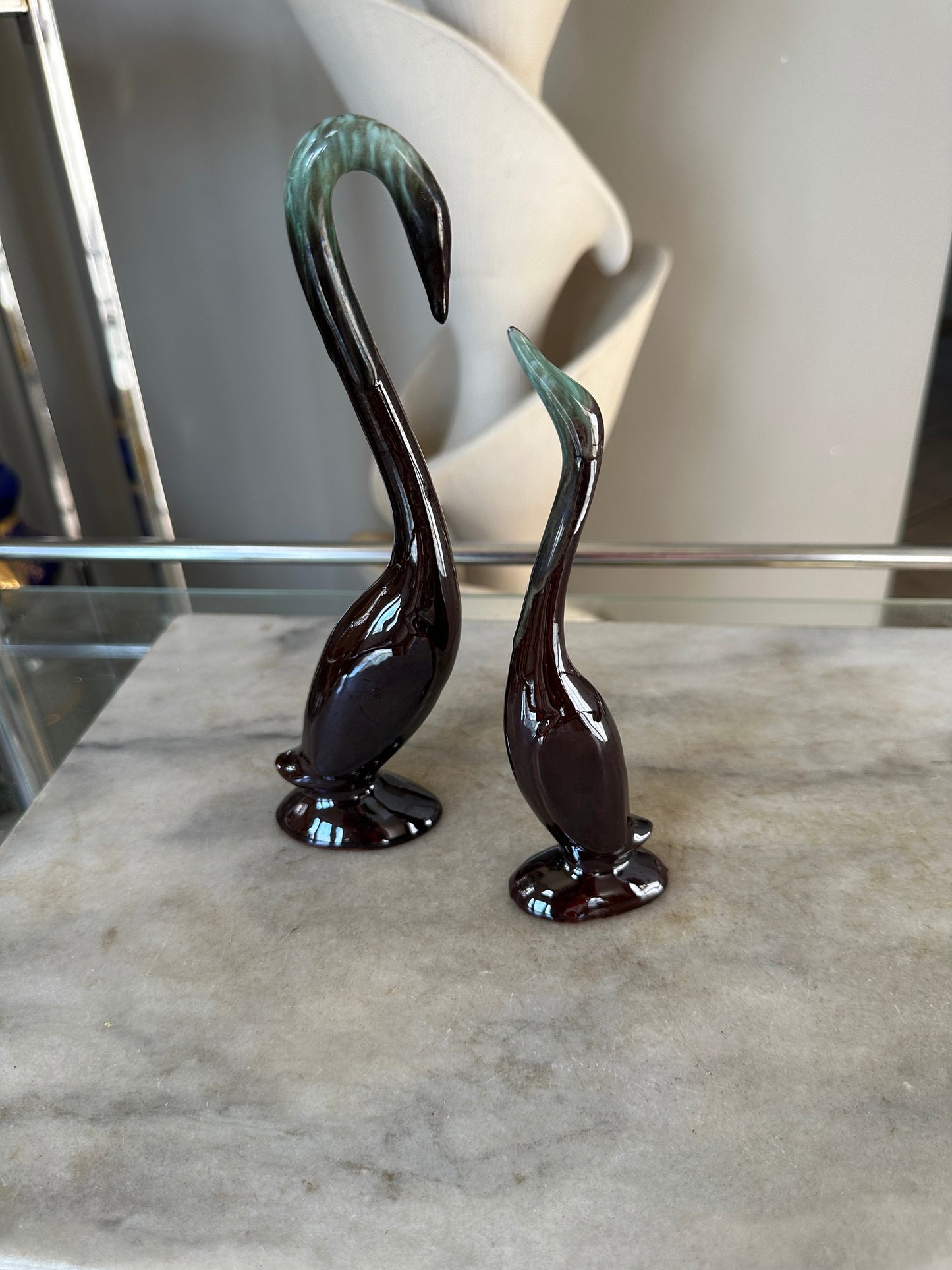 Awesome Unique Pair Of MCM Redware Cranes with Black and Aqua Drip Glaze Accents