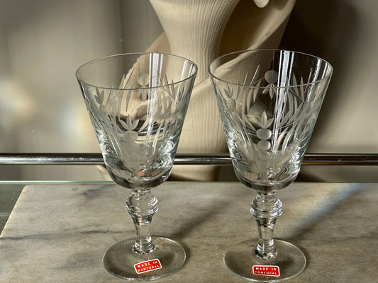 MCM Etched Vintage Etched Win Glass | Vintage | Made in Portugal | Glass Etched Wine Goblets | Interesting Etched Design | Set of 2 | MCM