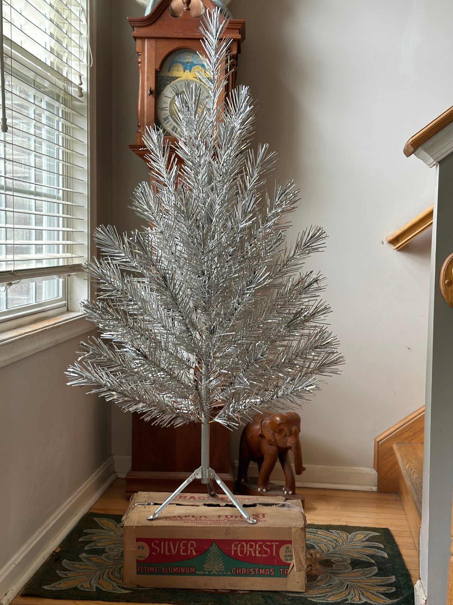 Vintage Silver Forest 4.5’ Stainless Aluminum Christmas Tree with Wooden Pole, Tripod & 57 Branches | Original Box