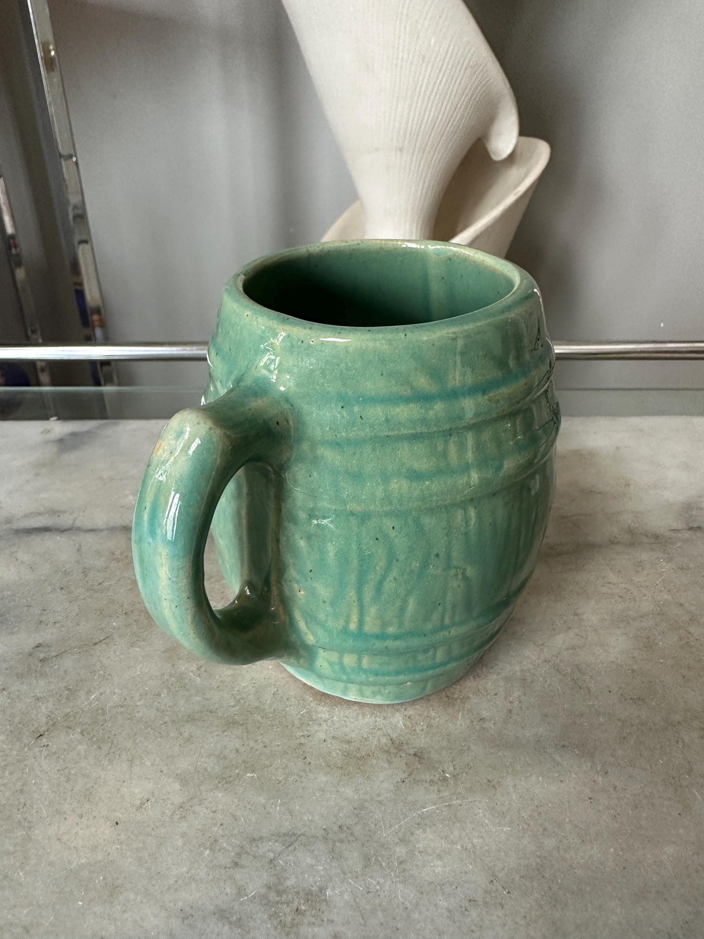 McCoy Pottery Barrel Coffee Mug Green Glaze Marked with a 4 in shield on bottom