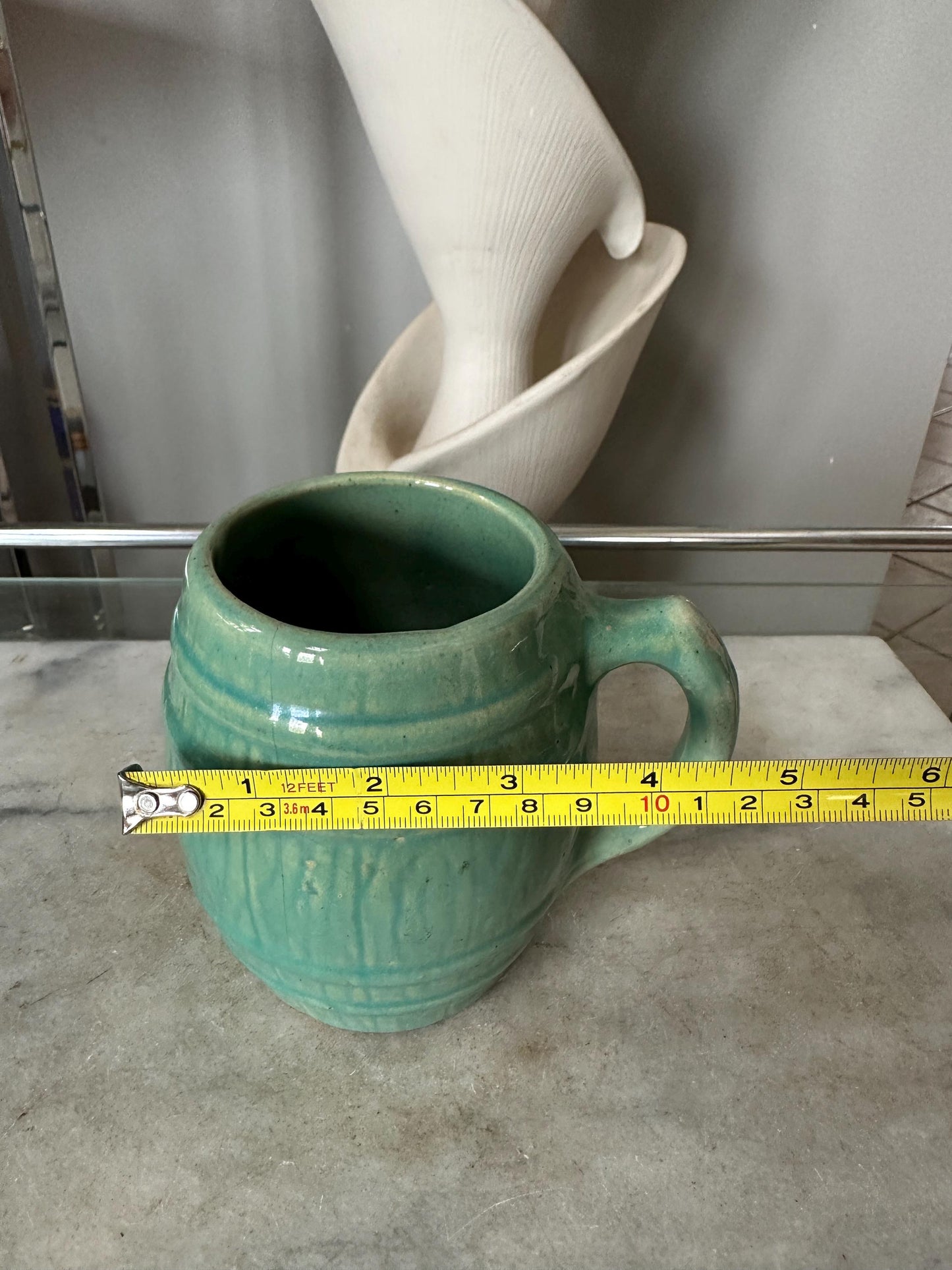 McCoy Pottery Barrel Coffee Mug Green Glaze Marked with a 4 in shield on bottom