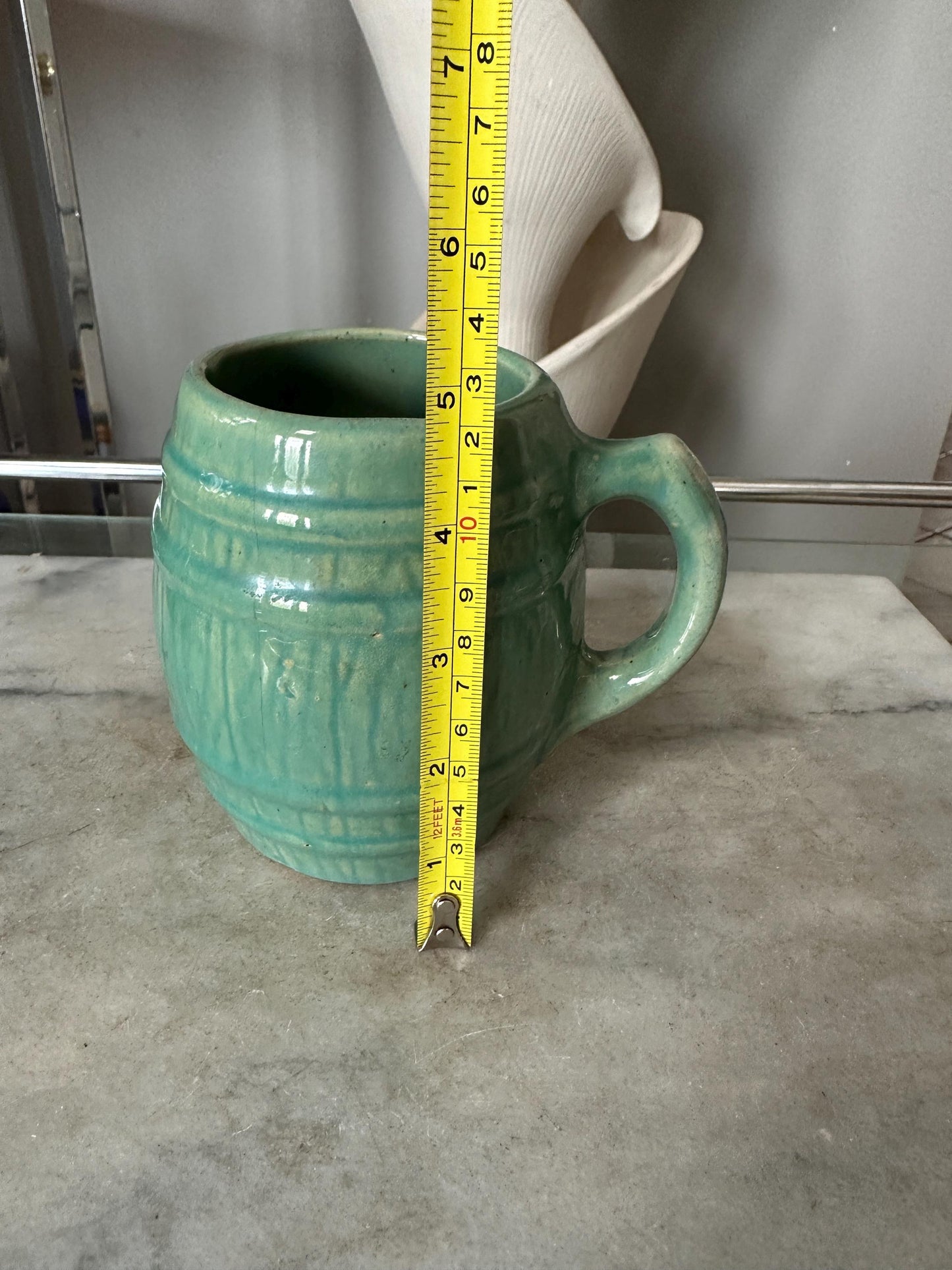 McCoy Pottery Barrel Coffee Mug Green Glaze Marked with a 4 in shield on bottom