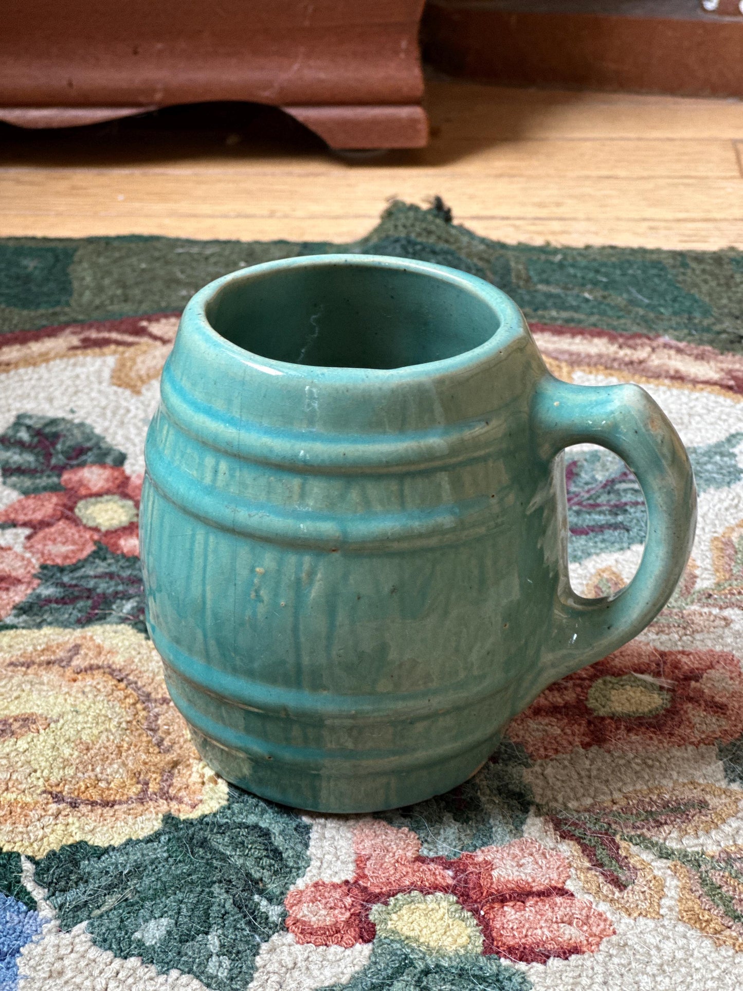 McCoy Pottery Barrel Coffee Mug Green Glaze Marked with a 4 in shield on bottom