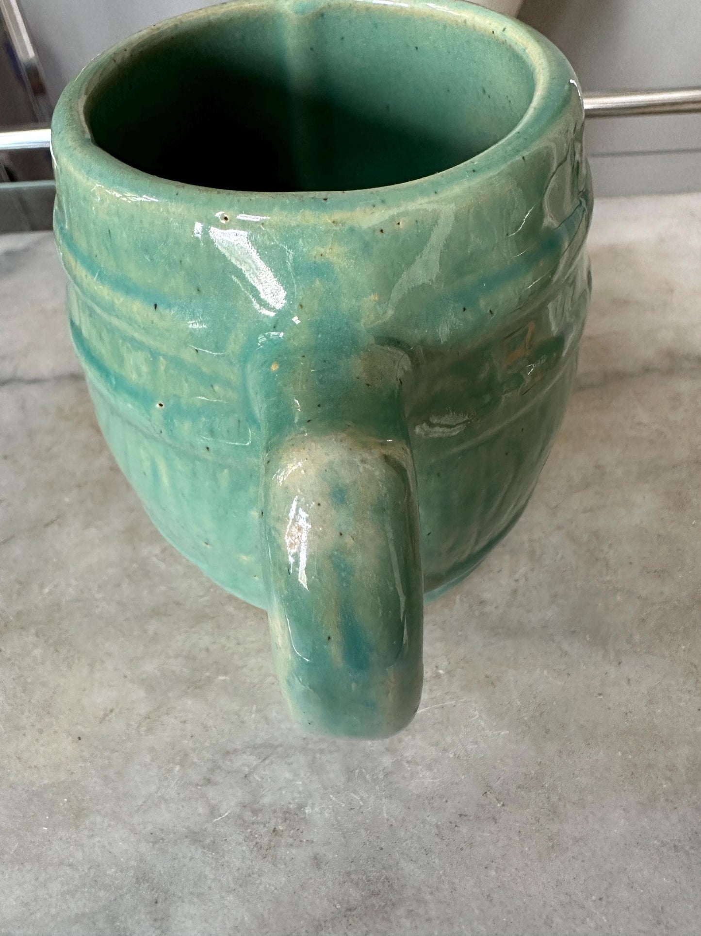 McCoy Pottery Barrel Coffee Mug Green Glaze Marked with a 4 in shield on bottom