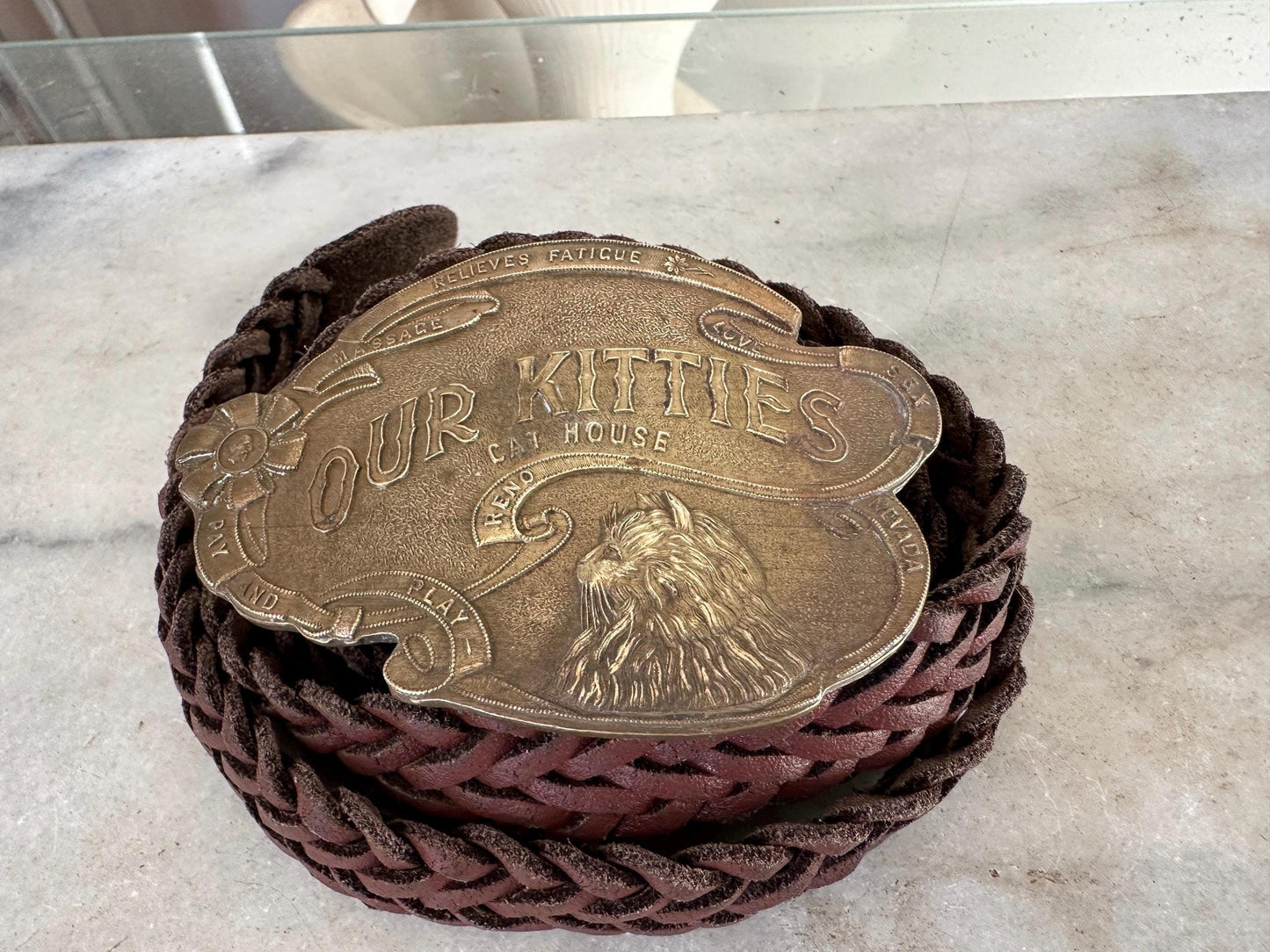 Our Kitties Cat House Brothel Reno Nevada Funny Sex Erotic Erotica Rare Solid Brass 1970s Nos Funny Vintage Belt Buckle