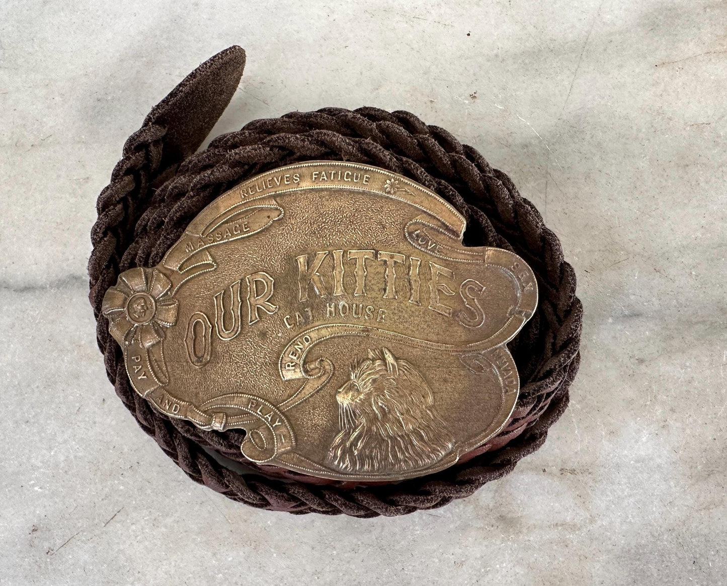 Our Kitties Cat House Brothel Reno Nevada Funny Sex Erotic Erotica Rare Solid Brass 1970s Nos Funny Vintage Belt Buckle