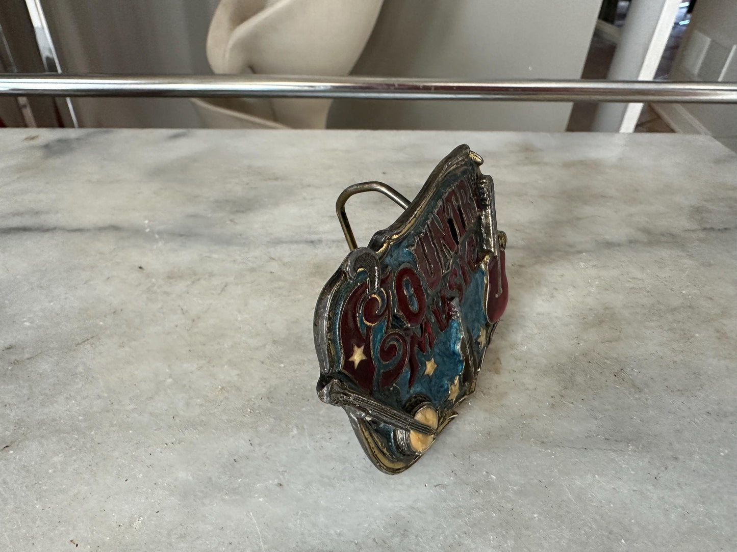 1982 Enameled Country Music Buckle ~ Serial Number H919 ~ The Great American Buckle Co U.S.A. Copyright 1982 Made in the U.S.A.