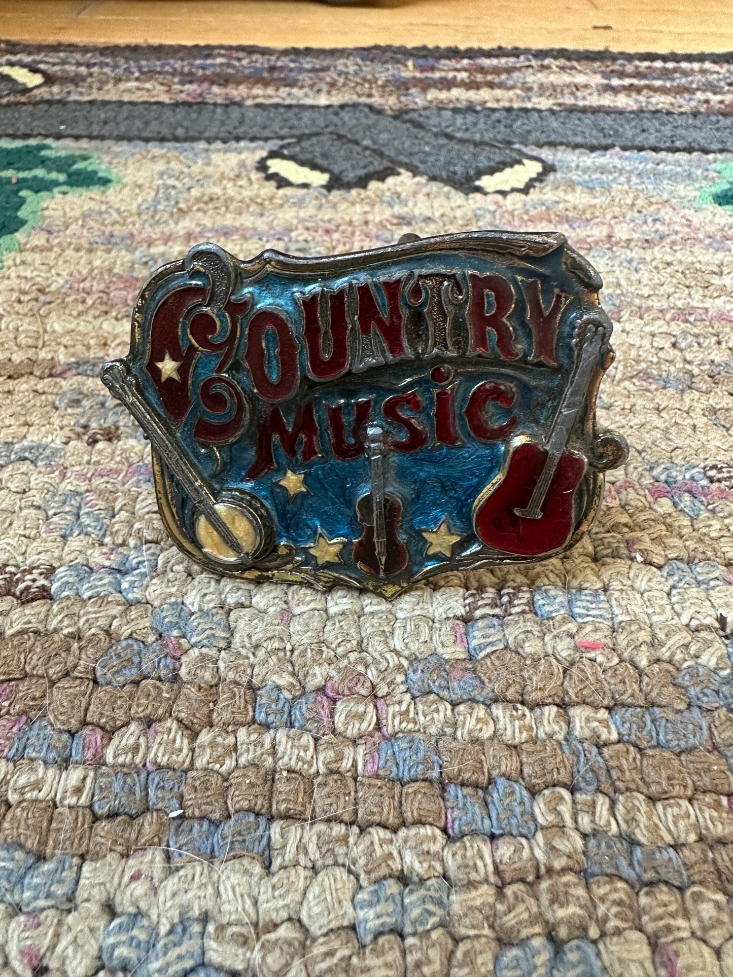 1982 Enameled Country Music Buckle ~ Serial Number H919 ~ The Great American Buckle Co U.S.A. Copyright 1982 Made in the U.S.A.