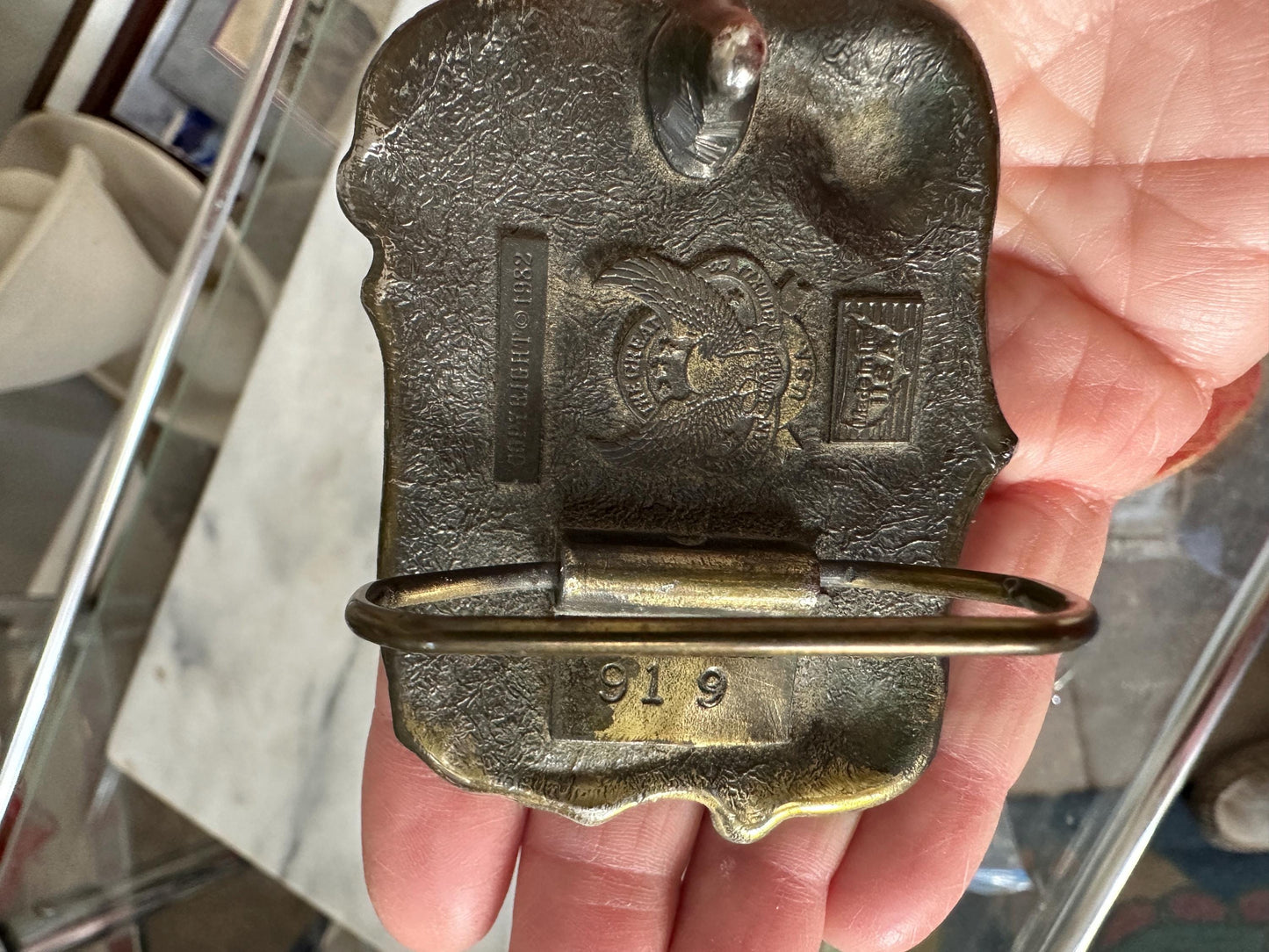 1982 Enameled Country Music Buckle ~ Serial Number H919 ~ The Great American Buckle Co U.S.A. Copyright 1982 Made in the U.S.A.