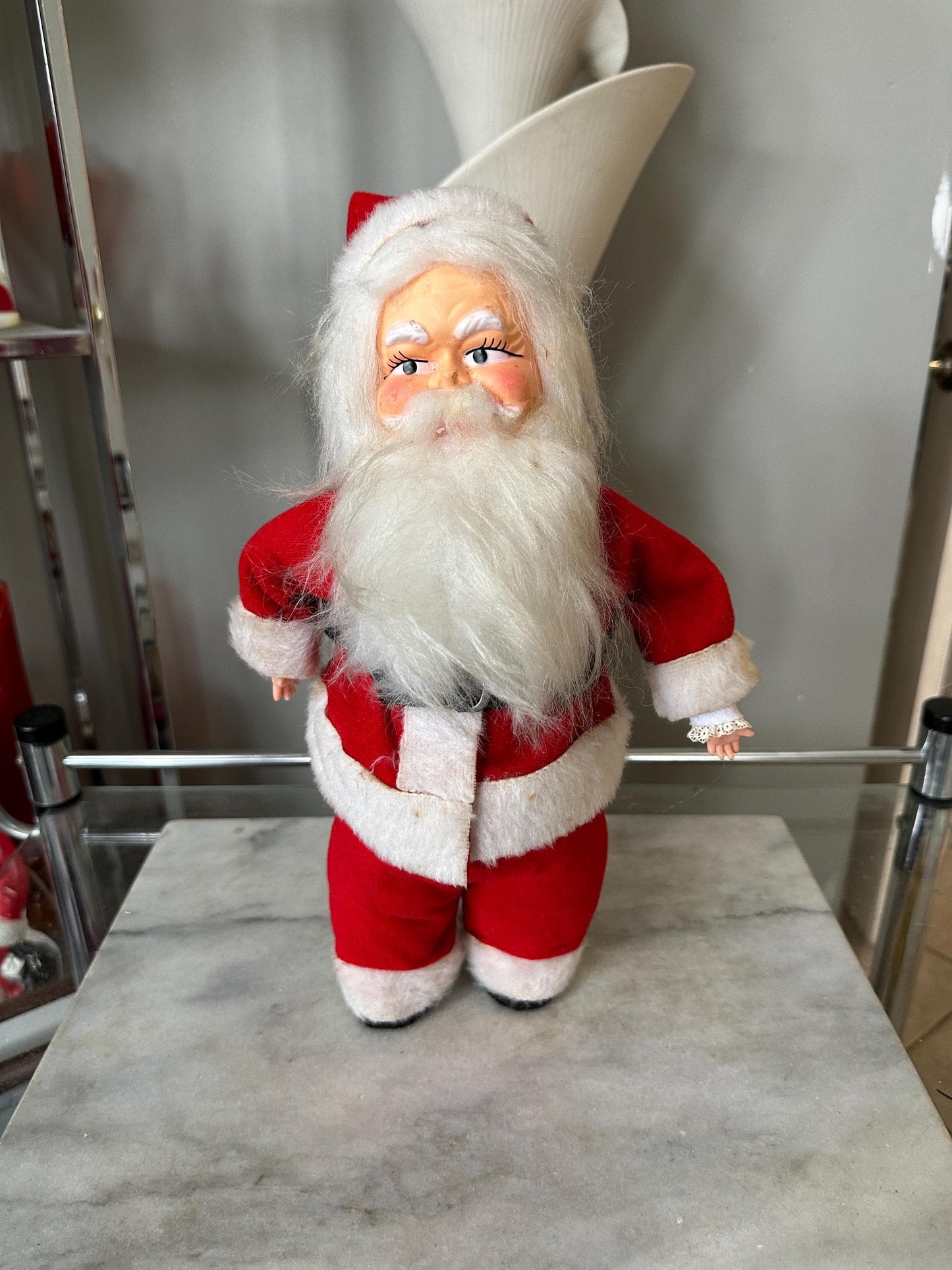 Vintage 1950s Poseable Santa Claus Christmas Doll, Blue Eyes, Rubber Faced Santa, Collectible | 12”| Black Boots & Belt