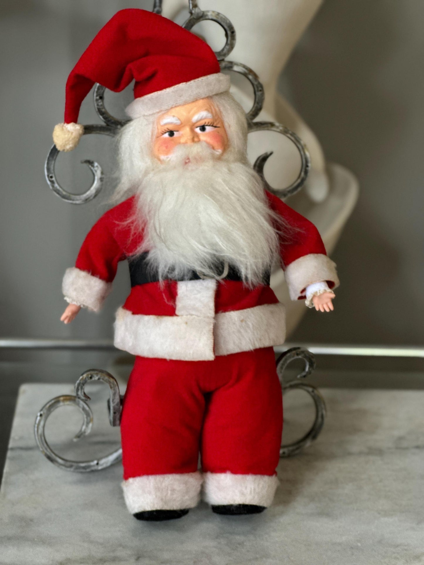 Vintage 1950s Poseable Santa Claus Christmas Doll, Blue Eyes, Rubber Faced Santa, Collectible | 12”| Black Boots & Belt