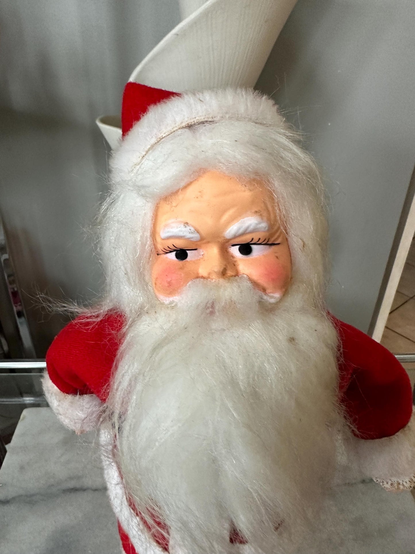 Vintage 1950s Poseable Santa Claus Christmas Doll, Blue Eyes, Rubber Faced Santa, Collectible | 12”| Black Boots & Belt