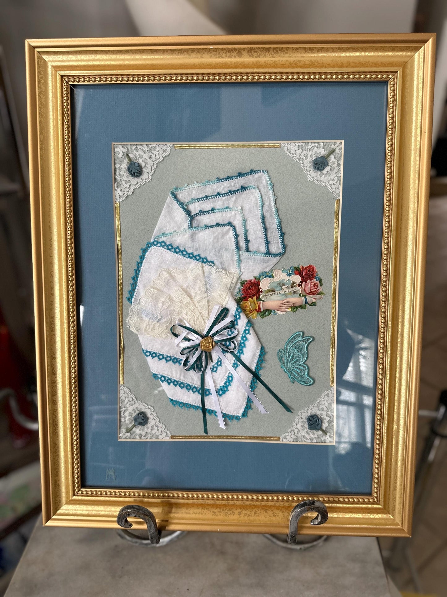 Vintage Framed Hankie Display | Blue and White Linen Crocheted Hankies (2) Valentine | Lace and Ribbon Mounted in Gold Toned Wooden Frame