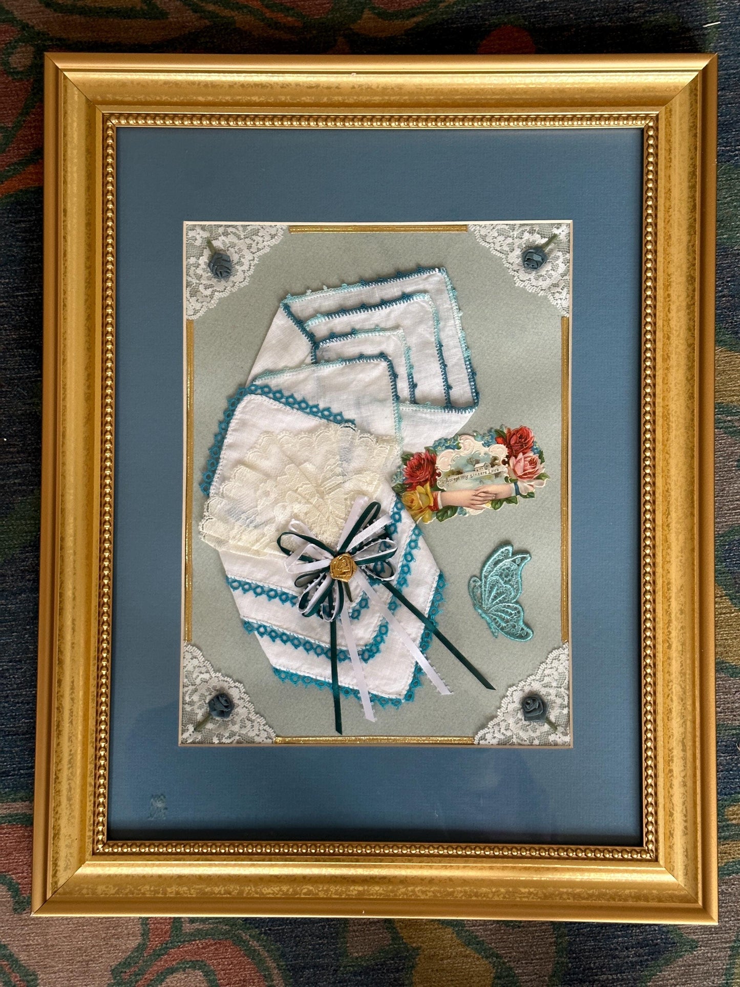 Vintage Framed Hankie Display | Blue and White Linen Crocheted Hankies (2) Valentine | Lace and Ribbon Mounted in Gold Toned Wooden Frame