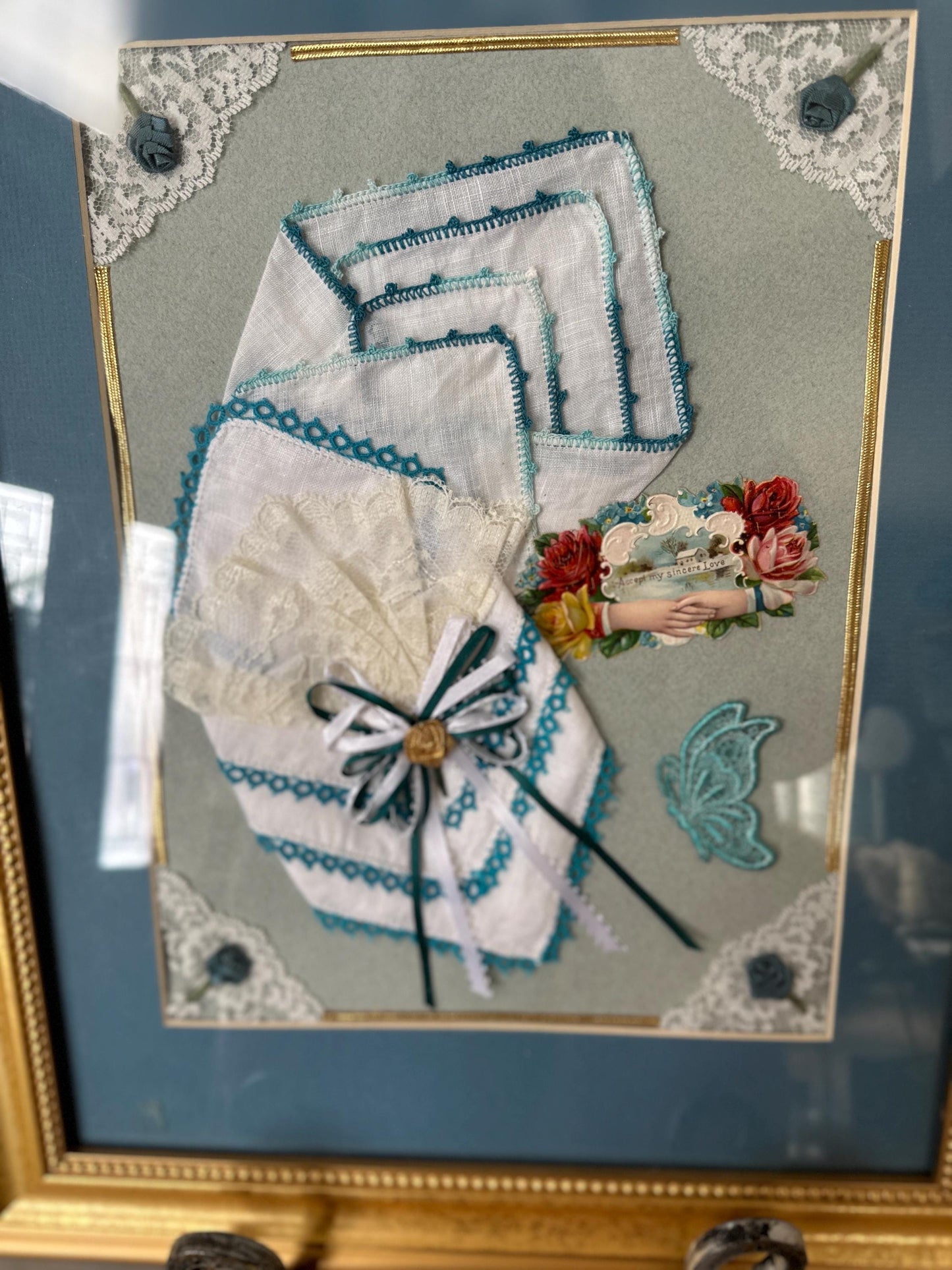 Vintage Framed Hankie Display | Blue and White Linen Crocheted Hankies (2) Valentine | Lace and Ribbon Mounted in Gold Toned Wooden Frame
