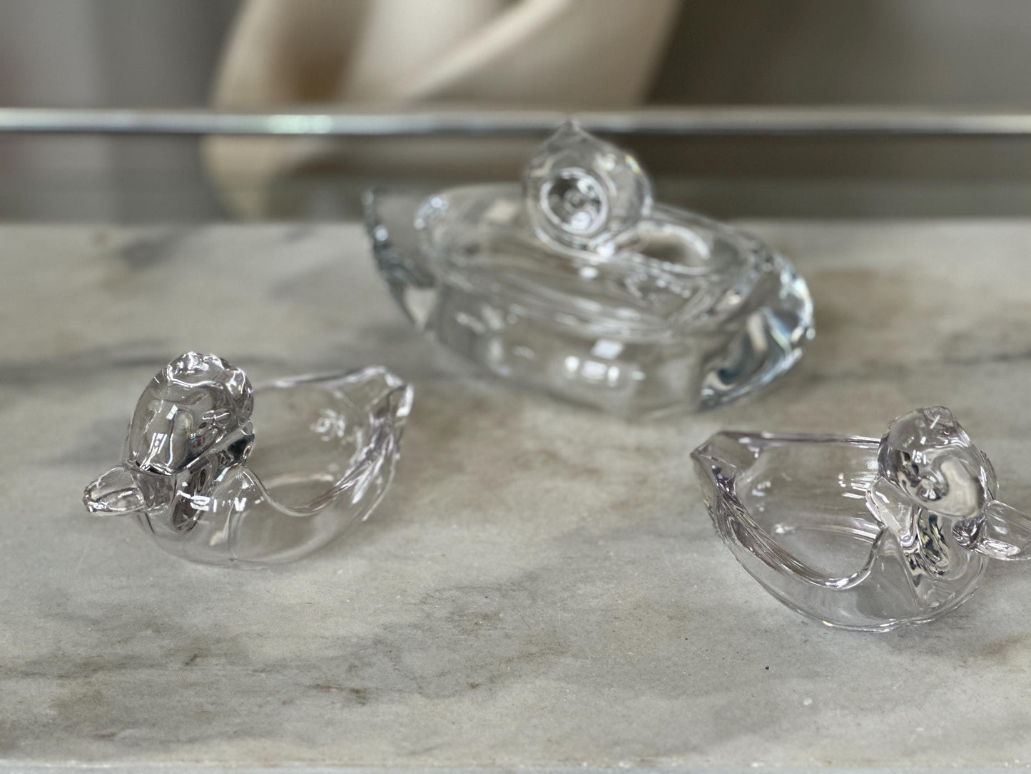 Vintage Duck glass cigarette box and two (2) matching ashtrays | MCM Art Glass Duck Dish and Ashtrays | Mid Centurg Modern Decor