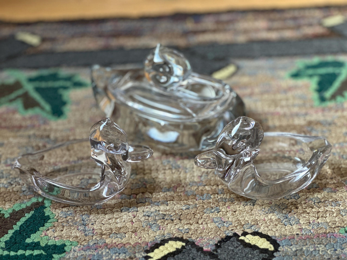 Vintage Duck glass cigarette box and two (2) matching ashtrays | MCM Art Glass Duck Dish and Ashtrays | Mid Centurg Modern Decor