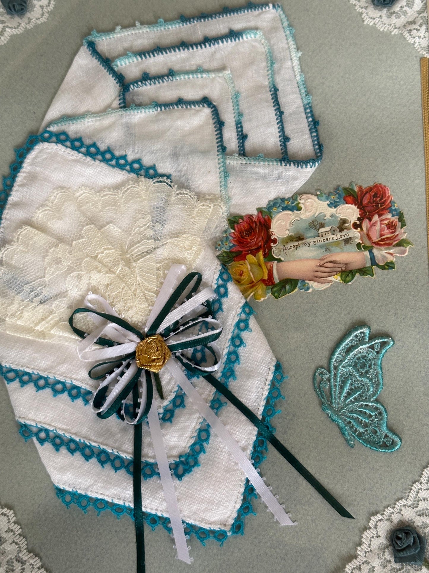 Vintage Framed Hankie Display | Blue and White Linen Crocheted Hankies (2) Valentine | Lace and Ribbon Mounted in Gold Toned Wooden Frame