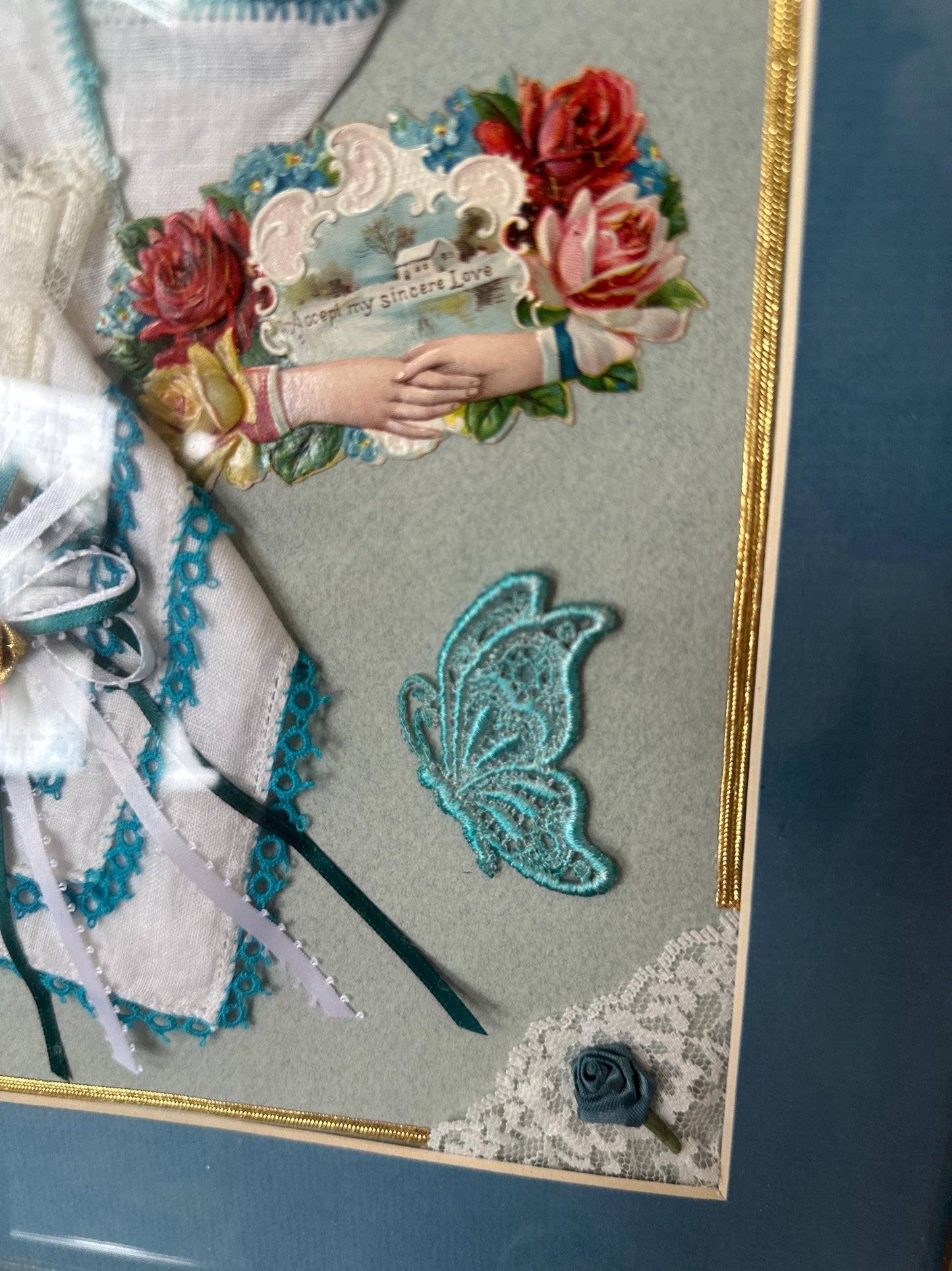 Vintage Framed Hankie Display | Blue and White Linen Crocheted Hankies (2) Valentine | Lace and Ribbon Mounted in Gold Toned Wooden Frame