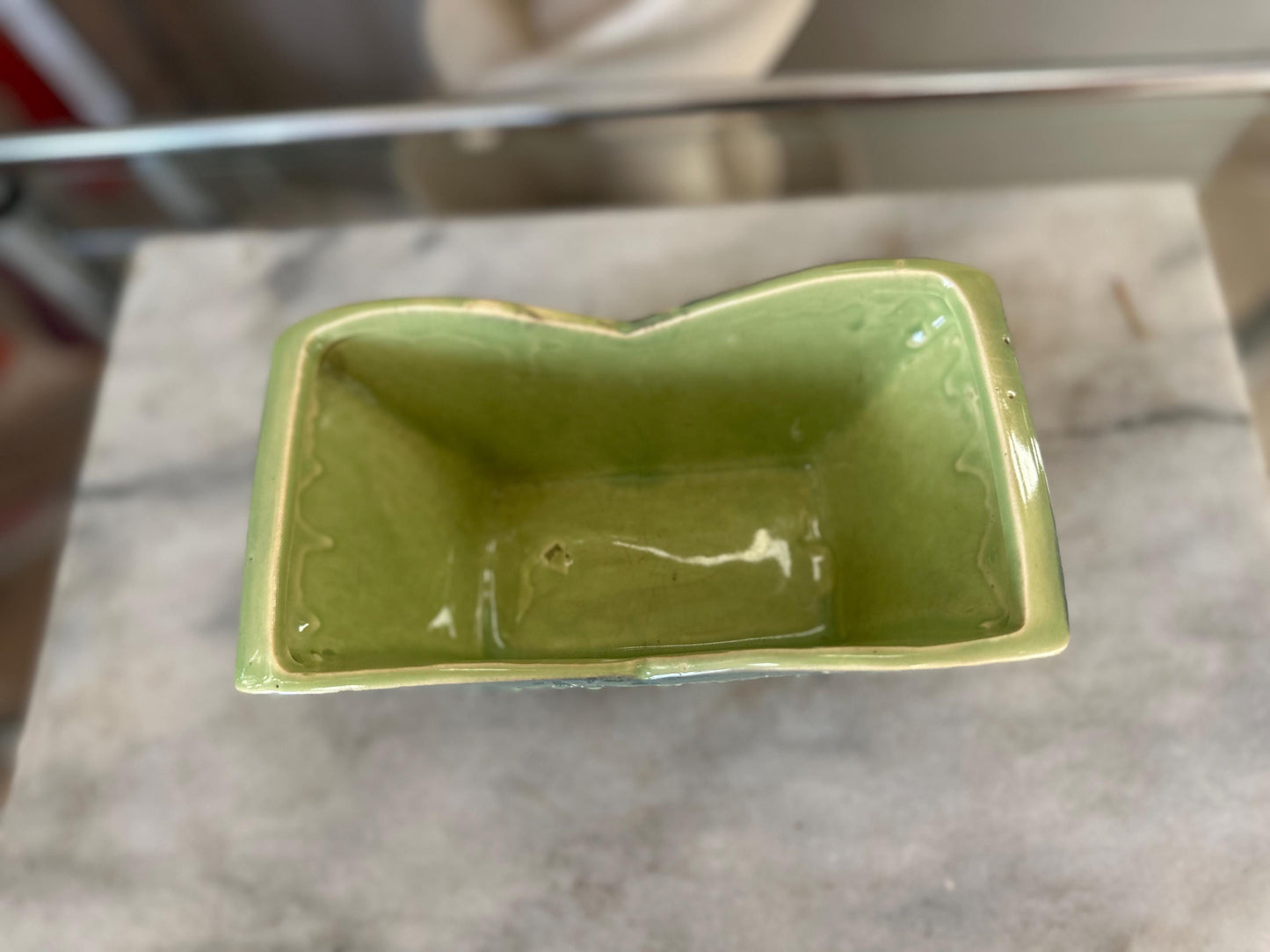 Unique MCM Vintage Rectangular Green McCoy Planter with Splatter Glaze Mid Century Planter Herb or Succulent Plant Pot Rare McCoy Pottery