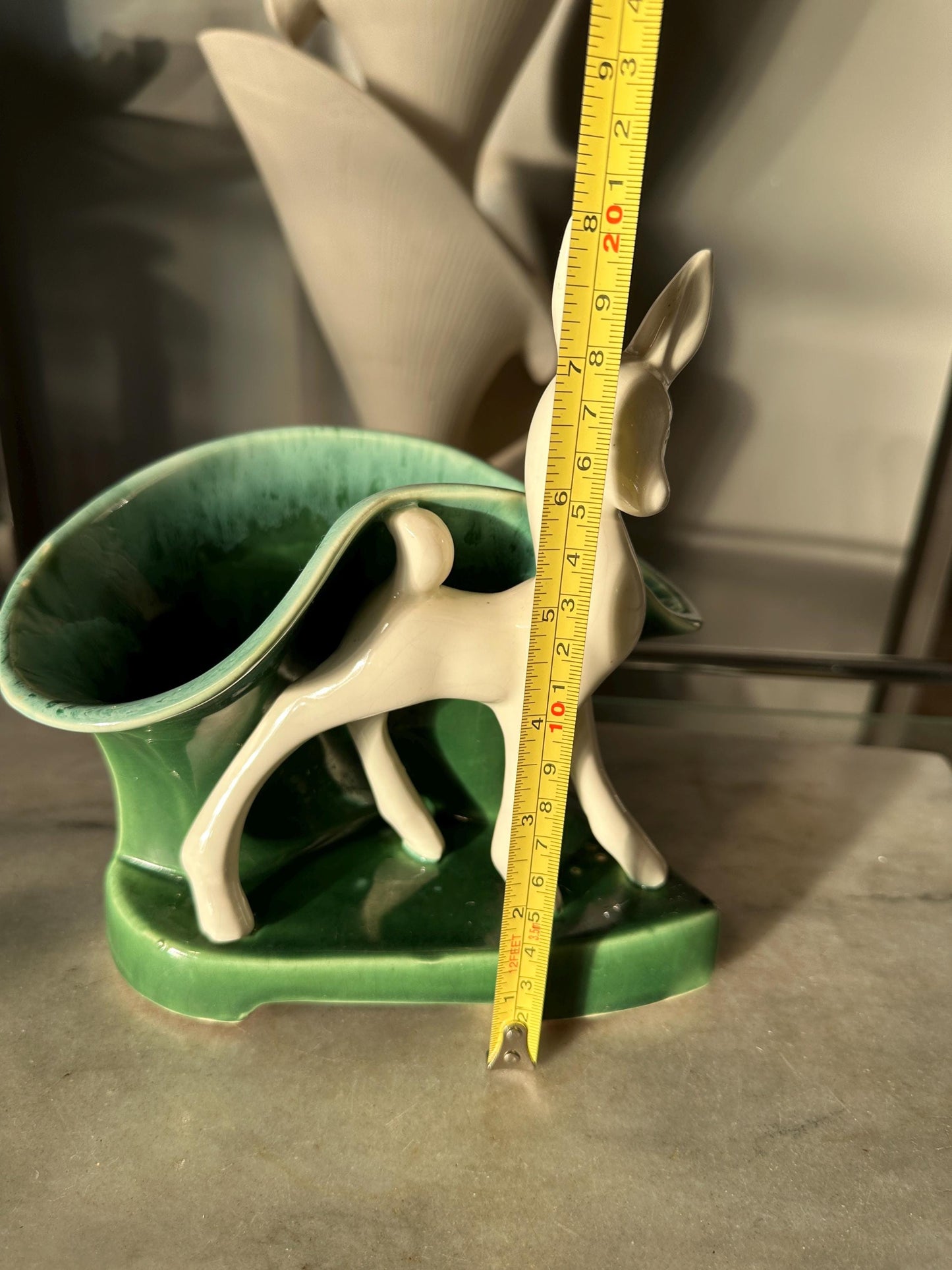 Vintage 1950s Mid-Century Deer Planter: Green Drip Glaze Vase