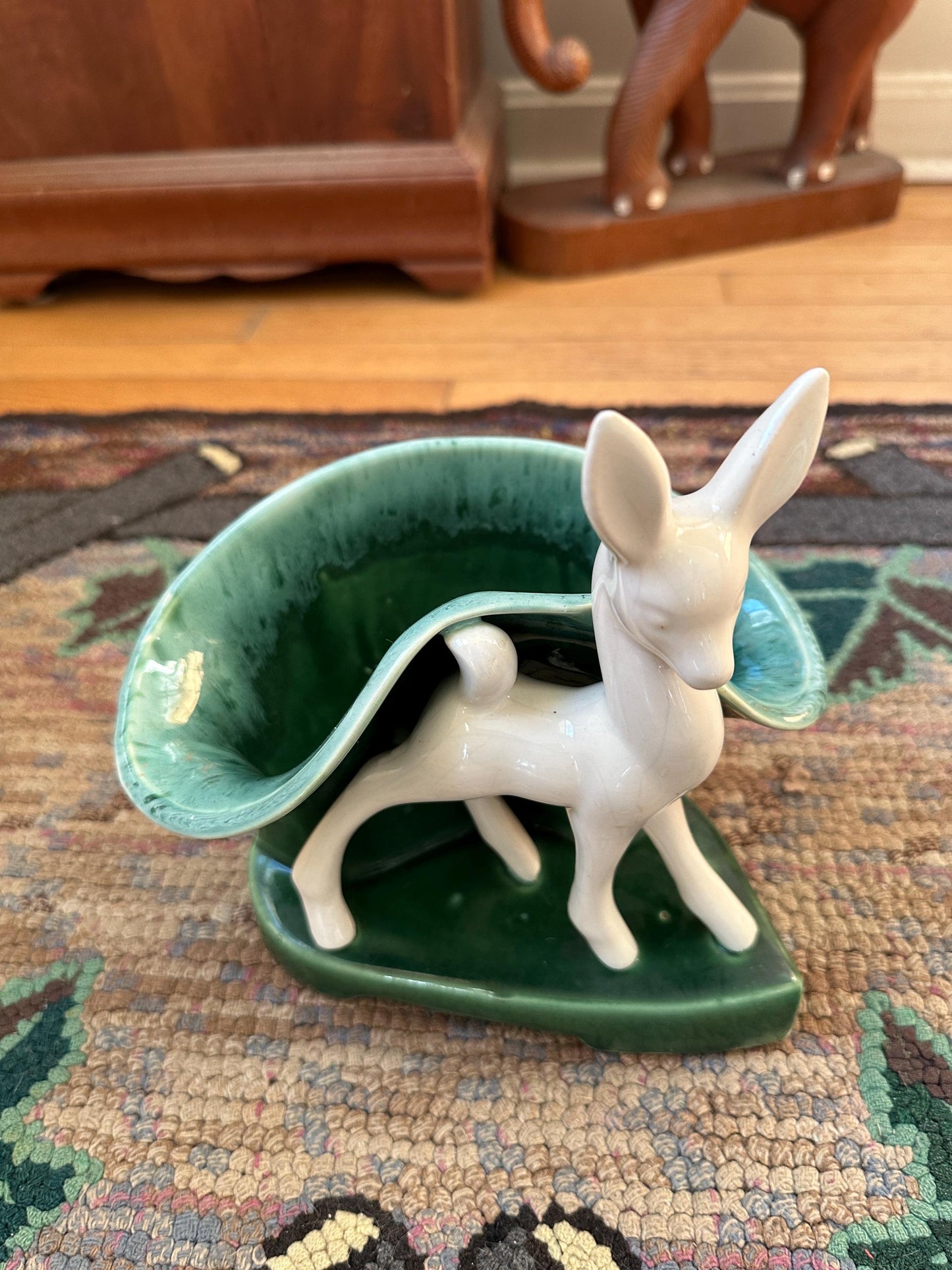 Vintage 1950s Mid-Century Deer Planter: Green Drip Glaze Vase